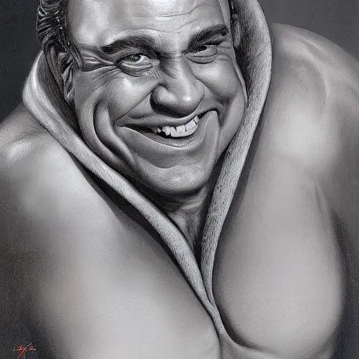 Image similar to portrait of the face of danny devito smiling sly intricate detailed by boris vallejo