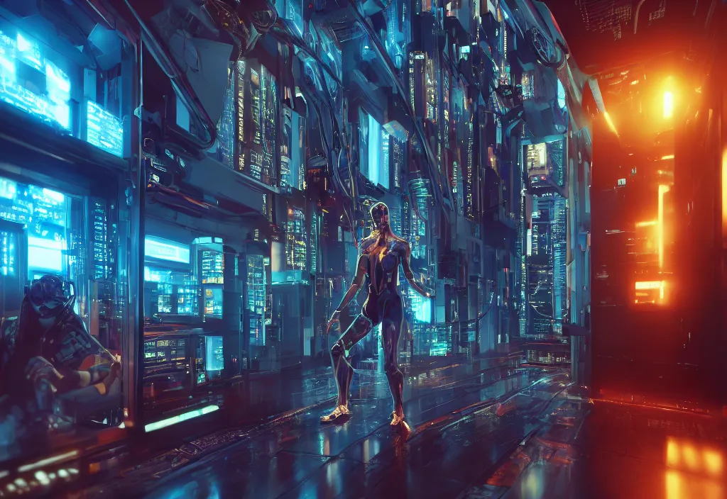 Image similar to shot of film by cyberpunk syle, human like a cyborg hyperrealistic full figure in detailed data center, character design, symmetrical, vivid color, complementary color, golden ratio, detailed, sharp lines, trending on artstation, volumetric lighting, by yoichi hatakenaka, by masamune shirow, by josan gonzales, octane render