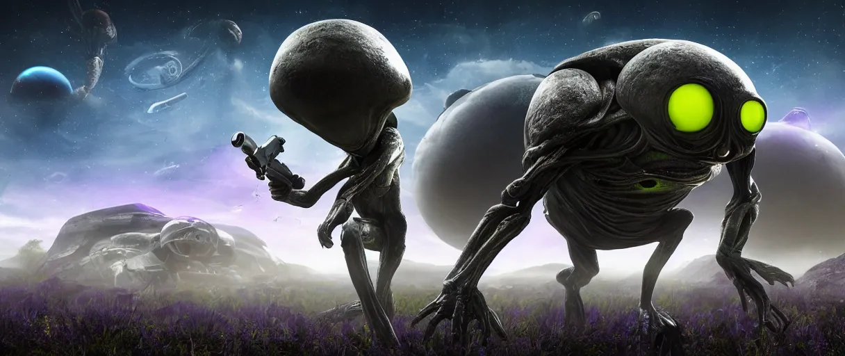 Image similar to grey alien with large black eyes holding an energy rifle on an alien planet with purple soil, green sky, blue and yellow fauna, alien creatures in the background, 3d render, Unreal Engine, octane render, ray tracing, Unity, highly detailed, high quality, HD, 4k, 8k, realistic, sharp, trending - H 768