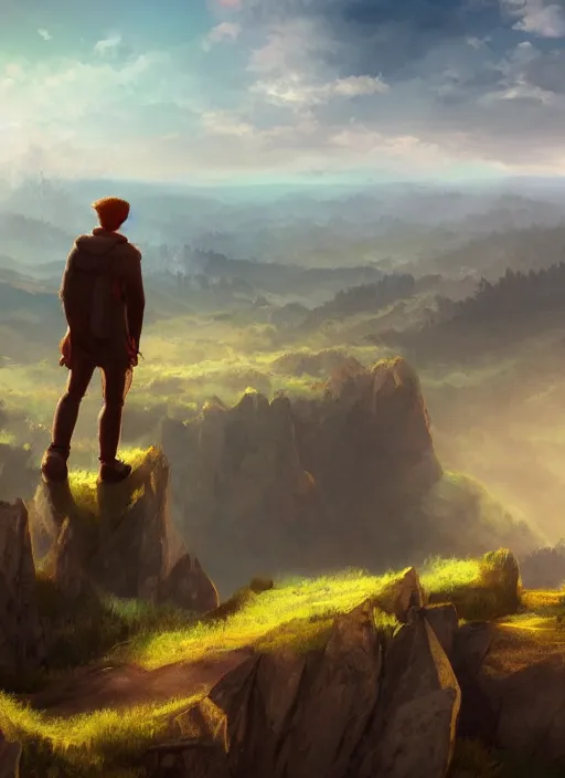 Prompt: a man standing on a viewpoint looking out over a beautiful landscape where new and exciting adventure and potential await, digital art, artstation, inspiring