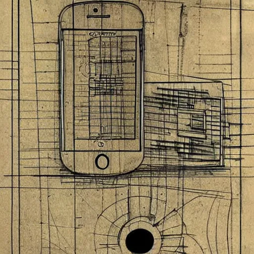 Prompt: Da vinci's detailed drawing of a blueprint for the newest iphone