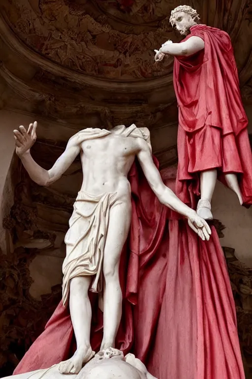 Image similar to a dramatic view of the sacrifice of the priest statue dressed with soft red silk fabric made in heavy marble, with few ornaments in shiny polished stone, sculpted by hedi xandt and antonio corradini