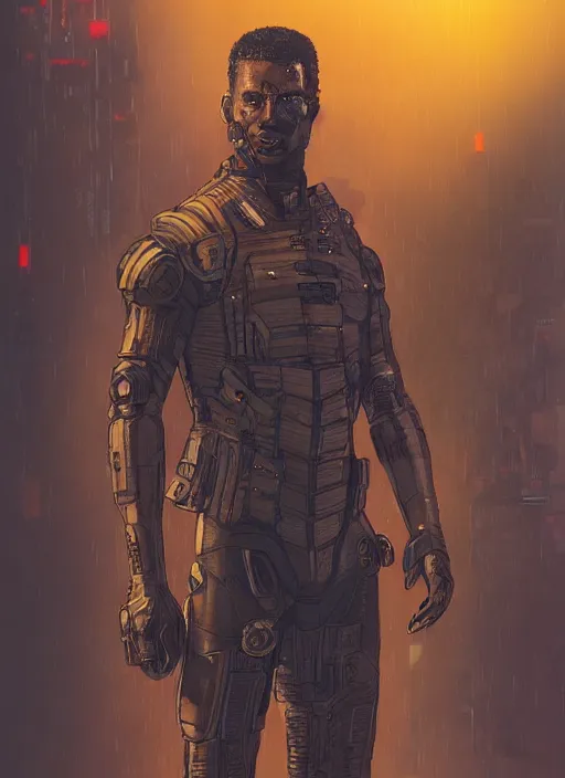 Image similar to dark skinned cyberpunk military man ( blade runner 2 0 4 9, dystopian, cyberpunk 2 0 7 7 character design ), advanced warfare, attractive face. portrait by james gurney and laurie greasley and yoji shinkawa, oil on canvas. cinematic composition, hyper realism, realistic proportions, anatomy, dramatic lighting, photorealistic, high detail, 4 k