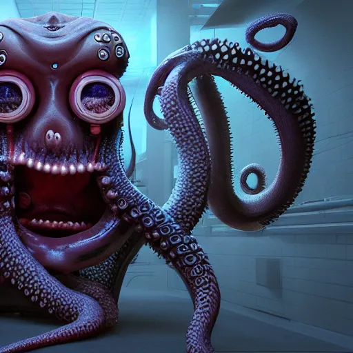 Image similar to monster made of tentacles eyes and mouths escaping from a lab, hyperdetailed, photorealistic, 3 d, unreal engine, octane render, artstation, volumetric light, raytracing