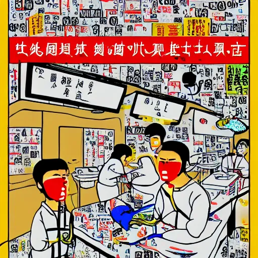 Image similar to chinese surgery operating table, in the style of daniel johnston and outsider art, 8k, line brush, overlaid with chinese adverts