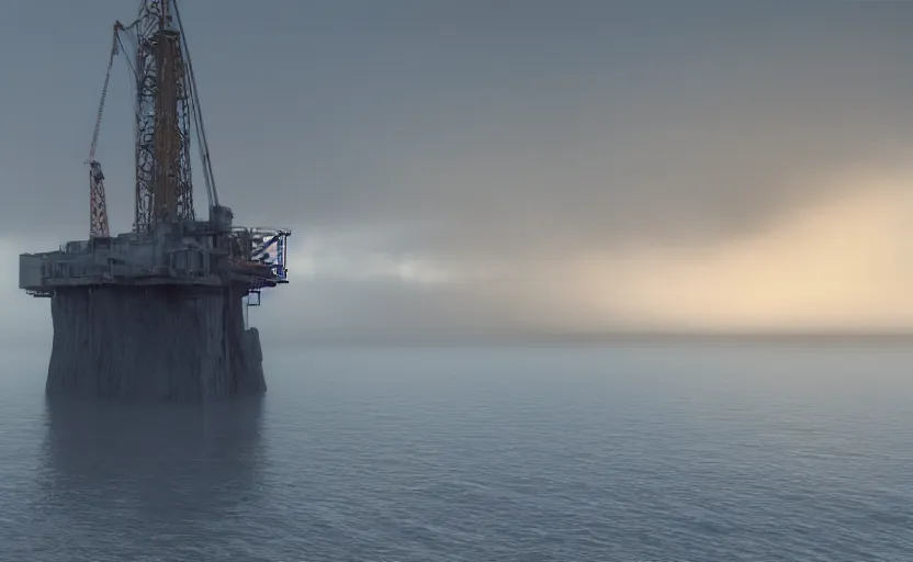 Prompt: old offshore oil rig, directed by charlie kaufman ( 2 0 0 1 ) anamorphic lenses, a rocky shore in the foreground, foggy volumetric light morning, a beam of light from the heavens, cinematic trending on artstation in the style of greg rutkowski