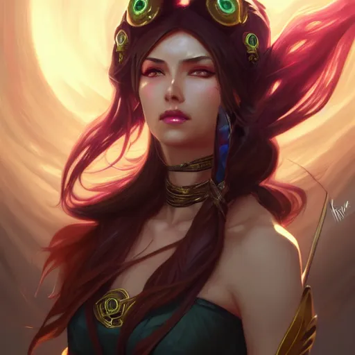 Image similar to akali of league of legends as a fantasy magic woman portrait, sci - fi, amber eyes, face, long hair, fantasy, intricate, elegant, highly detailed, digital painting, artstation, concept art, smooth, sharp focus, illustration, art by artgerm and greg rutkowski and alphonse mucha