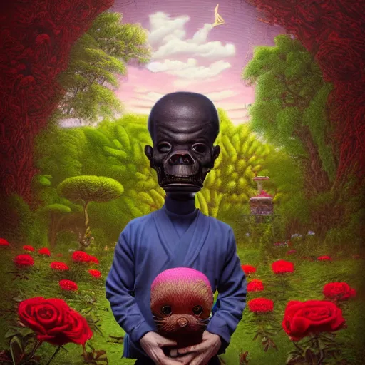 Image similar to wide angle dynamic portrait of a chibbi dogon priest in a rose garden with a red pond and a golden ornate steampunk portal, amigurumi by mark ryden and todd schorr and mark davis and zdislaw beksinski in a surreal lowbrow style, digital paint, matte paint, vivid synthwave colors, breathtaking landscape