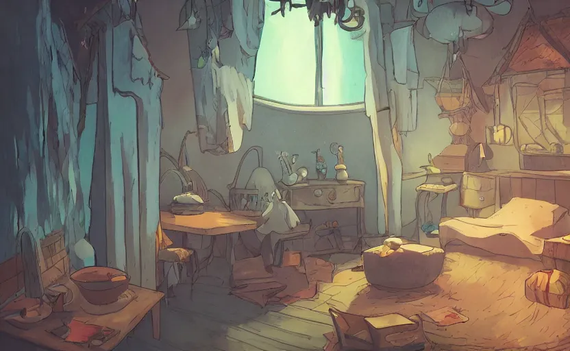 Image similar to a witch's room, crystal lights, mysterious atmosphere, cel - shading, cinematic, artstation, studio ghibli, miyazaki, highly details