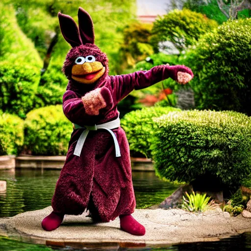 Image similar to a fluffy brown velveteen karate loving muppet with bunny ears and wearing a dark ninja robe with a red belt and practicing her karate out in nature by a koi pond, photorealistic, photography, ambient occlusion, rtx, national geographic, sesame street