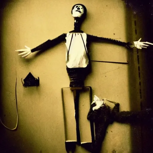 Prompt: female alive, male disassembled, creepy marionette puppet, horrific, unnerving, clockwork horror, pediophobia, lost photograph, dark, forgotten, final photo found before disaster, human laying unconscious in the background, polaroid,