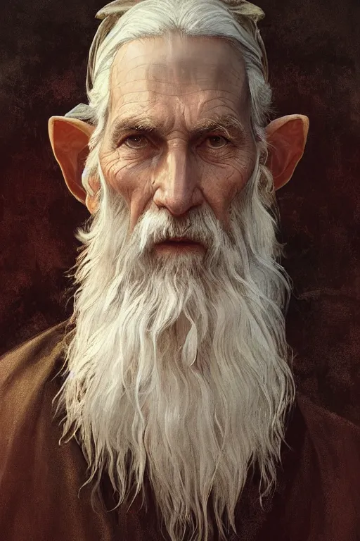 Prompt: a highly detailed portrait painting of an elderly healer elf male, long white beard, long elf ears, by greg rutkowski and alphonse mucha, sharp focus, matte, concept art, artstation, digital painting