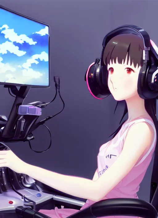 Prompt: portrait of cute girl driving on simracing simulator, personal room background, illustration concept art anime key visual trending pixiv fanbox by wlop and greg rutkowski and makoto shinkai and studio ghibli and kyoto animation, fanatec peripherals, playseat evolution, symmetrical facial features, thrustmaster headphones, ferrari, thrustmaster t 3 0 0