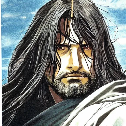 Image similar to aragorn from the anime lord of the rings (1986), looking serious, some beard, studio ghibli, very detailed, realistic