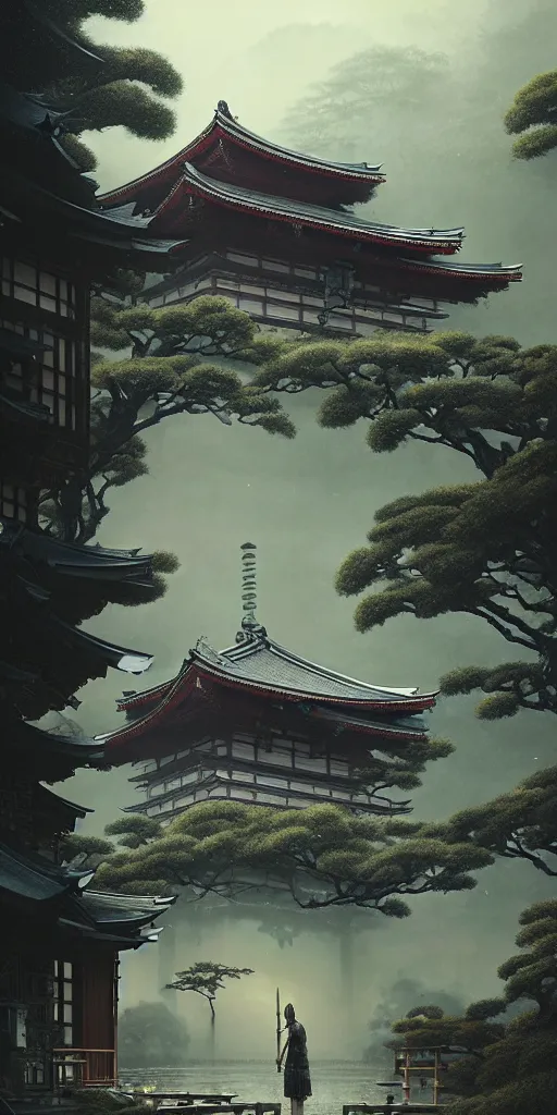 Image similar to japanese style palace under attack, hyper realistic, lush gnarly plants, 8 k, denoised, by greg rutkowski, tom bagshaw, james gurney cozy atmospheric and cinematic lightingg