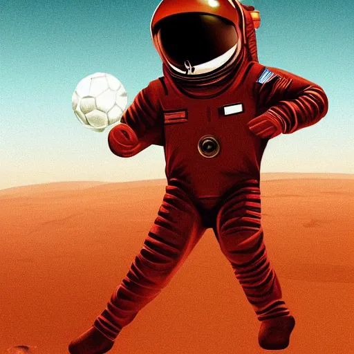 Prompt: digital art, trending on artstation, a soviet astronaut playing soccer on mars, mars landscape, cinematic, relaxing