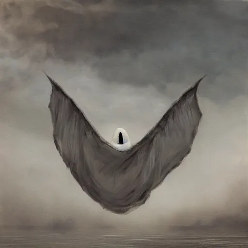 Image similar to ominous bedsheet ghost floating on the wing of a plane, oil painting, brush strokes, gloomy foggy atmosphere, symmetrical, full body image, highly ornate intricate details,