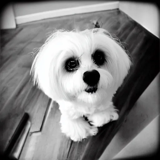 Prompt: coton de tulear as a scary vampire with fangs, film noir. grainy.