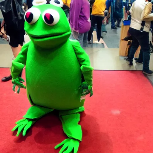 Image similar to a robot in a kermit the frog costume at a anime convention