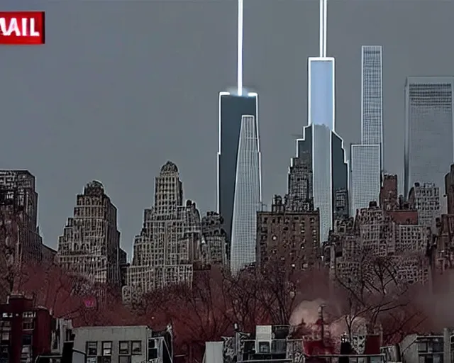 Image similar to [alien invasion] ufo footage spotted at new york city. there is explosions all over the city. 9/11 inspired. archangel invasion.