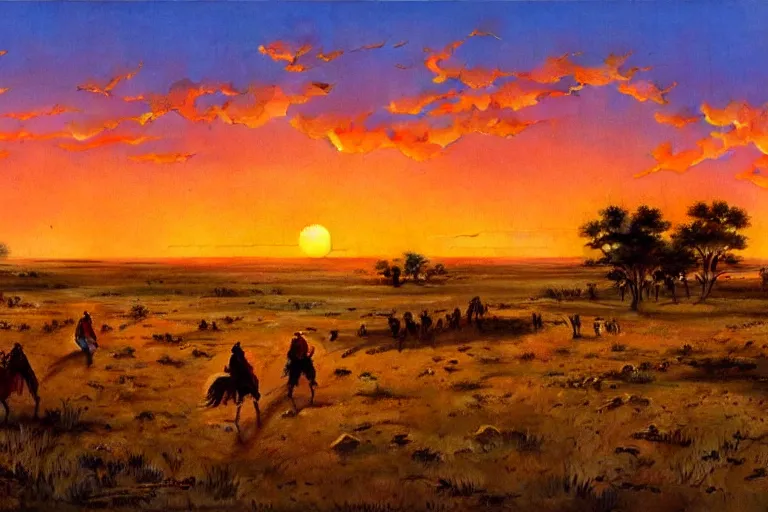 Prompt: a native american village, sunset, prairie, cowboys approaching in the distance, cinematic, 4 k, detailed, by john berkey!!!!!! and peter jackson and ridley scott and beeple!!! and greg rutowski