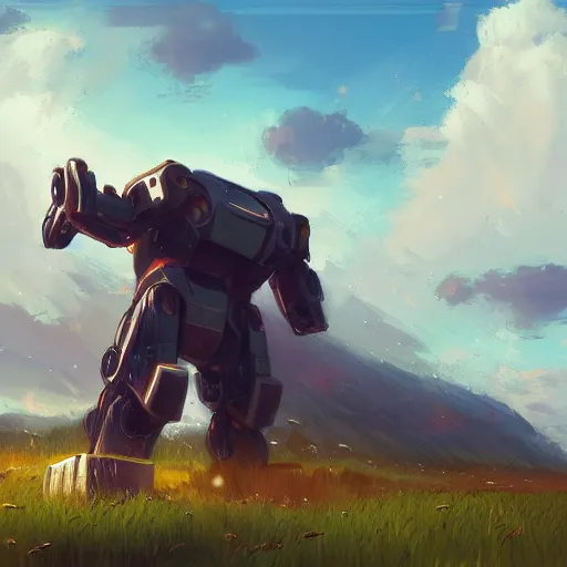 Image similar to a giant robot in the middle of a field. landscape, concept art, in the style of wlop, rossdraws, digital art, artstation trending