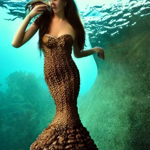 Prompt: mermaid, underwater, a stunning beautiful giorgia - era dress with brown long hair, abundant detail, octopuses and flowers