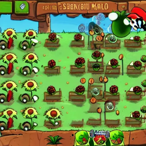 Prompt: Mario in Plants vs Zombies, in-game screenshot
