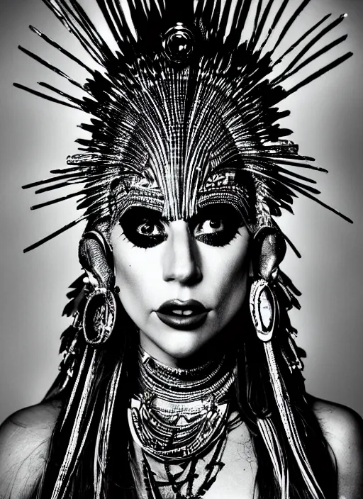 Image similar to lady gaga as a tribal woman, intricate, cinematic lighting, highly detailed, canon 3 5 mm photography, horizontal symmetry, smooth, sharp focus