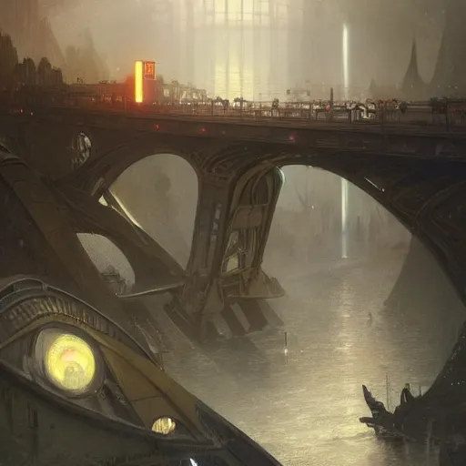 Image similar to the most beautiful futuristic bridge, reflexions, very high details by william turner art, greg rutkowski and alphonse mucha, trending on artstation, very very detailed, masterpiece