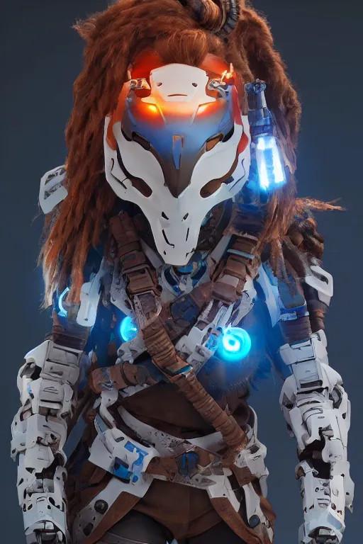 Image similar to combination suit armor aloy horizon forbidden west horizon zero dawn robot ninja mask helmet backpack tribal, aesthetic octane render, 8 k hd resolution, by ilya kuvshinov and cushart krentz and gilleard james radiating a glowing aura cgi rtx 2 0 2 2