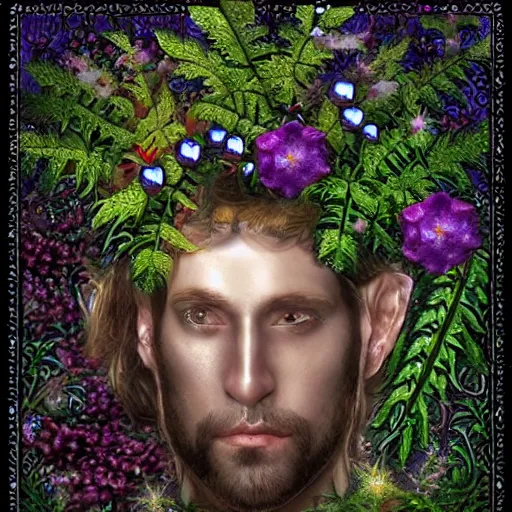 Image similar to a male knight, stern face, clear eyes, shining armour made of steel and flowers, and fractal flowery hair in a fractal garden, glowing delicate flower, berries and ferns that grow in a dark fantasy forest, full frame,