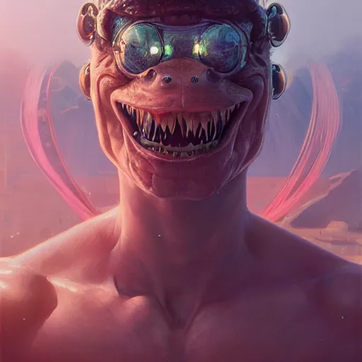 Image similar to highly detailed portrait of a muscular frog, stephen bliss, unreal engine, greg rutkowski, loish, rhads, beeple, makoto shinkai and lois van baarle, ilya kuvshinov, rossdraws, tom bagshaw, alphonse mucha, global illumination, detailed and intricate environment