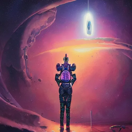 Image similar to kitty cat tabby spaceknight astronaut wearing a nanotech vest while standing next to a portal maxfield parrish cristi balanescu ross tran christophe young dug stanat jakub rebelka oil painting impasto