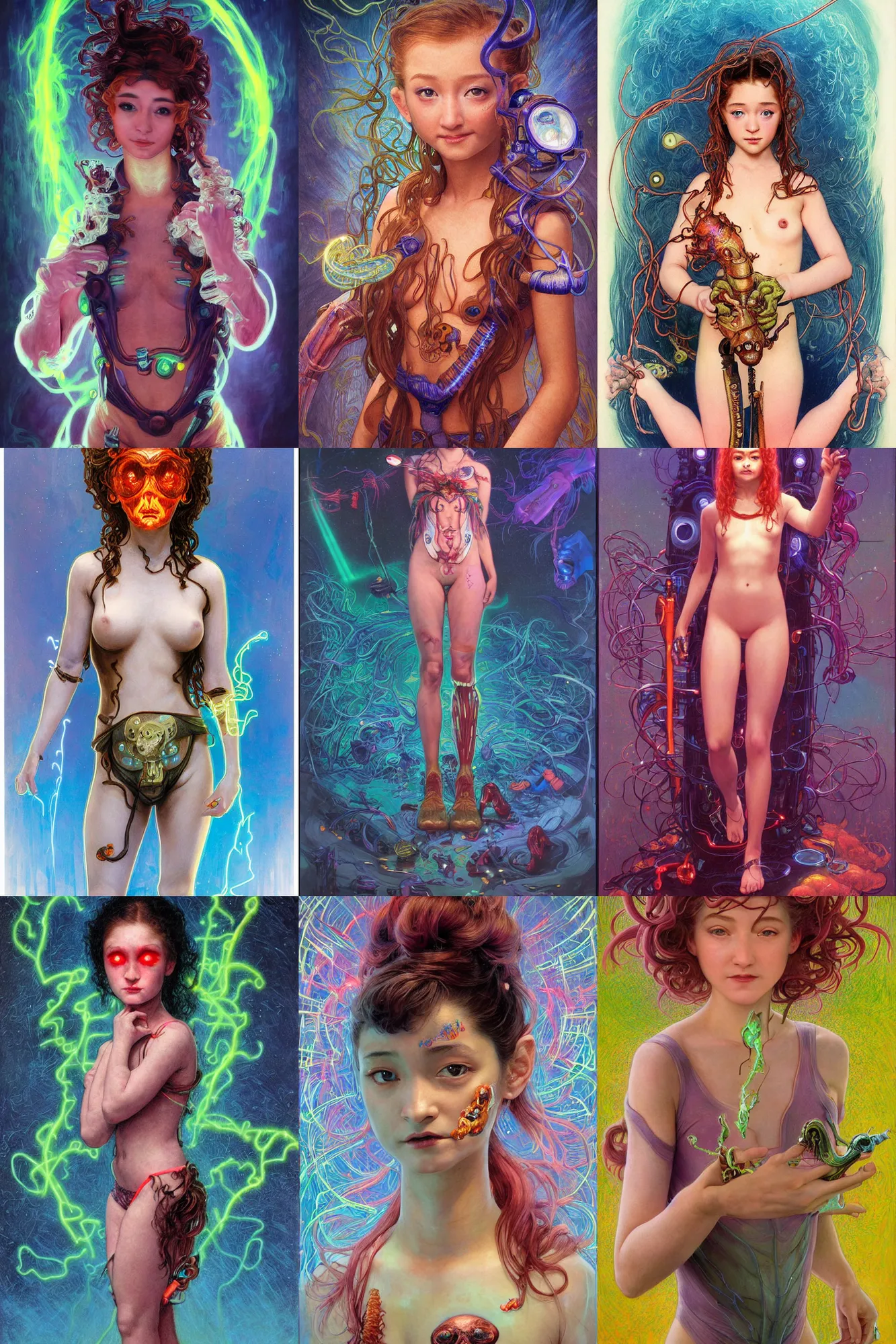 Prompt: awe-inspiring award-winning concept art full body face portrait painting of short stature, lithe, petite, innocent, cute, attractive anglerfish cyberpunk Anna Cathcart in neon shrouds as the goddess of lasers, sparks, by Julie Bell, Jean Delville, Virgil Finlay, Alphonse Mucha, Ayami Kojima, Amano, Charlie Bowater, Karol Bak, Greg Hildebrandt, Jean Delville, Frank Frazetta, Peter Kemp, and Pierre Puvis de Chavannesa, extremely moody lighting, glowing light and shadow, atmospheric, shadowy, cinematic, 8K,