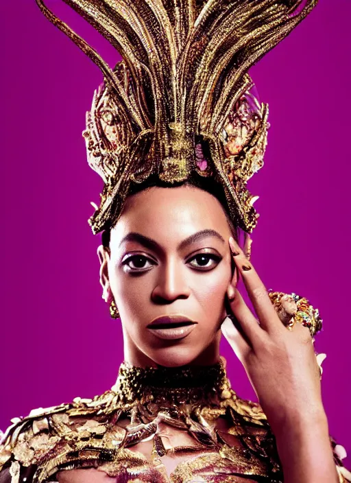 Prompt: photo of beyonce styled by nick knight posing, intricate headpiece, showstudio, face close up, vogue magazine, 2 0 2 0, canon, highly realistic. high resolution. highly detailed. dramatic. 8 k. 4 k. zeiss lens, canon eos, cinematic lighting, photography, film still