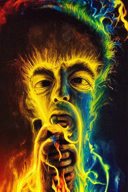 Prompt: scary flame,art by James C. Christensen and Mark Tedin,trending on artstation, luminous lighting high angle view,movie poster,crayon art ,Eraserhead ,iridescent colors,long exposure ,