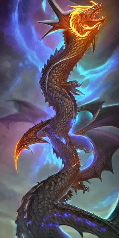 Image similar to draconic staff, dragon staff,((((dragon head)))) on top of the staff, ((((dragon head)))) on top of the staff, glowing draconic staff, epic fantasy style art, fantasy epic digital art, epic fantasy weapon art, hearthstone style art