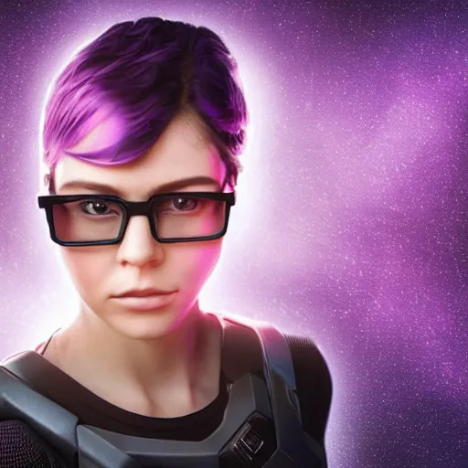 Prompt: “A female with a sci fi outfit, cool glasses, full body, black hair with purple streaks, hyper realistic, a sci fi background, 8K Photorealistic”