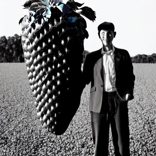 Prompt: photograph of a man standing proudly next to a huge strawberry, photograph, vintage, black and white, detailed, realistic