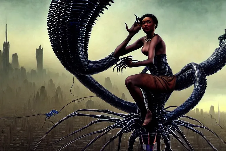 Image similar to realistic detailed closeup portrait movie shot of a beautiful black woman riding a giant spider, dystopian city landscape background by denis villeneuve, amano, yves tanguy, alphonse mucha, max ernst, kehinde wiley, ernst haeckel, caravaggio, roger dean, cyber necklace, rich moody colours, sci fi patterns, wide angle