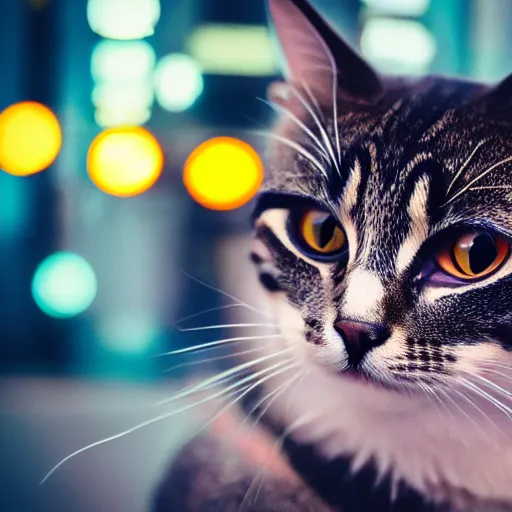 Prompt: 3 5 mm photo of a cute cat portrait, with doble exposure of a futuristic cyberpunk city, neon, ultra realistic, detailed, bokeh, 4 k.