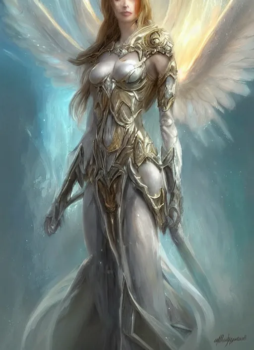 Image similar to concept art, angel knight girl. by artstation trending, by joseph mallord william turner, luis royo, konstantin razumov, cinematic lighting, fractal flame, highly detailed