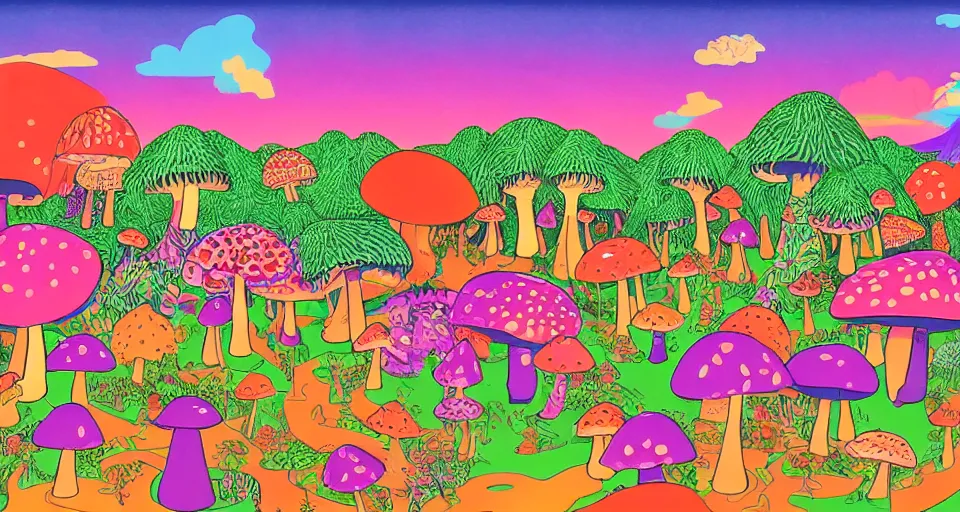 Prompt: A tribal village in a forest of giant mushrooms, by Lisa Frank,