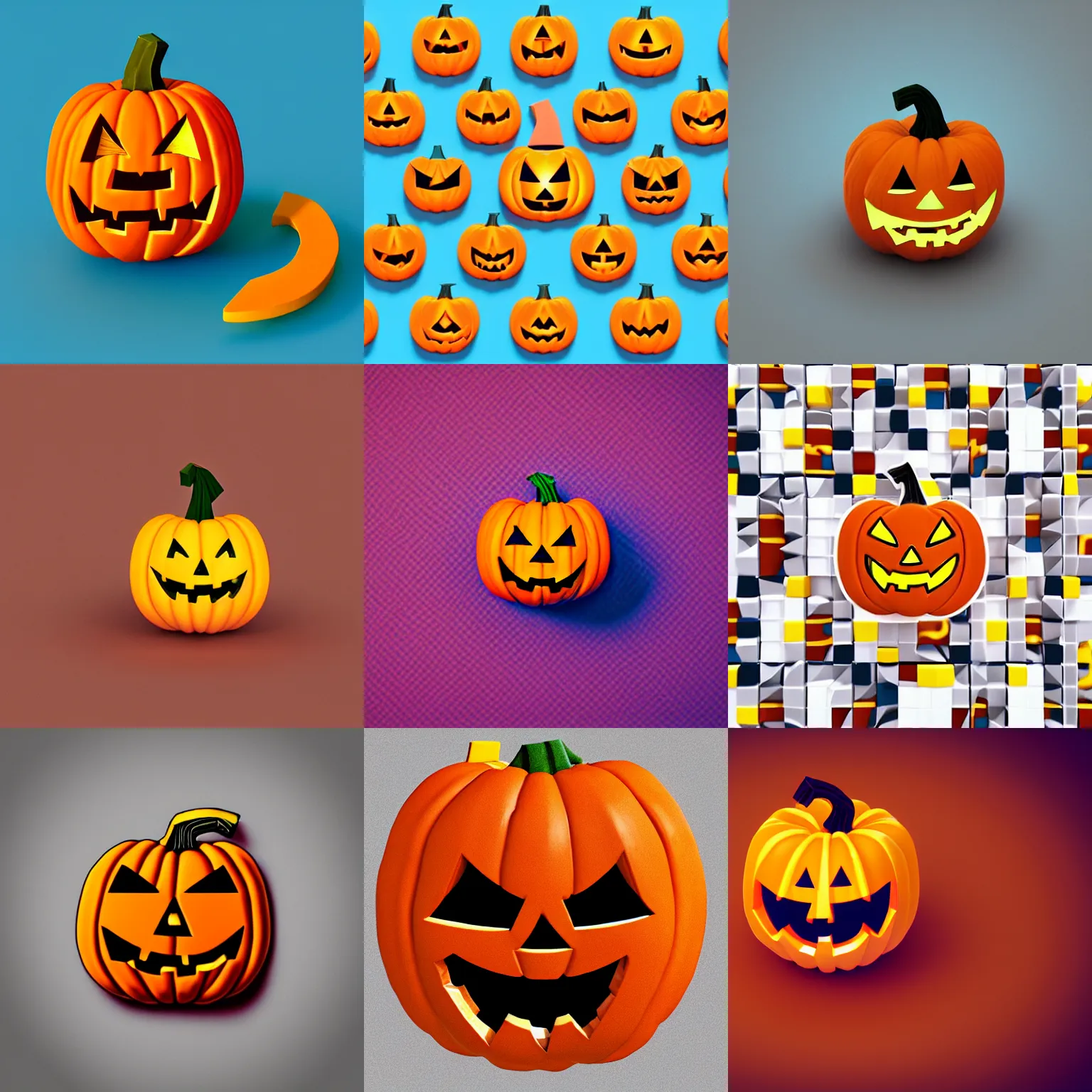 Prompt: A brightly colored, detailed icon of a jack-o-lantern emoji, cute, 3D low poly render, polymer clay, isometric perspective, white background