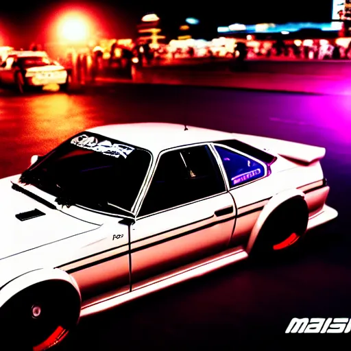 Image similar to a car s30 turbo drift at illegal car meet, Shibuya prefecture, city midnight mist lights, cinematic lighting, photorealistic, highly detailed wheels, high detail