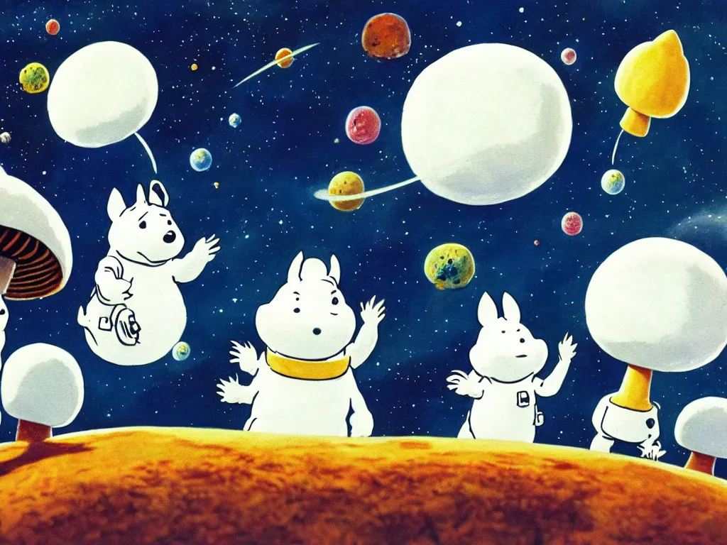 Image similar to moomins in space suits flying around with jetpacks discovering the mushroom planet, photorealistic painting, cgi, low light, movie still, very cozy and fluffy and sweet