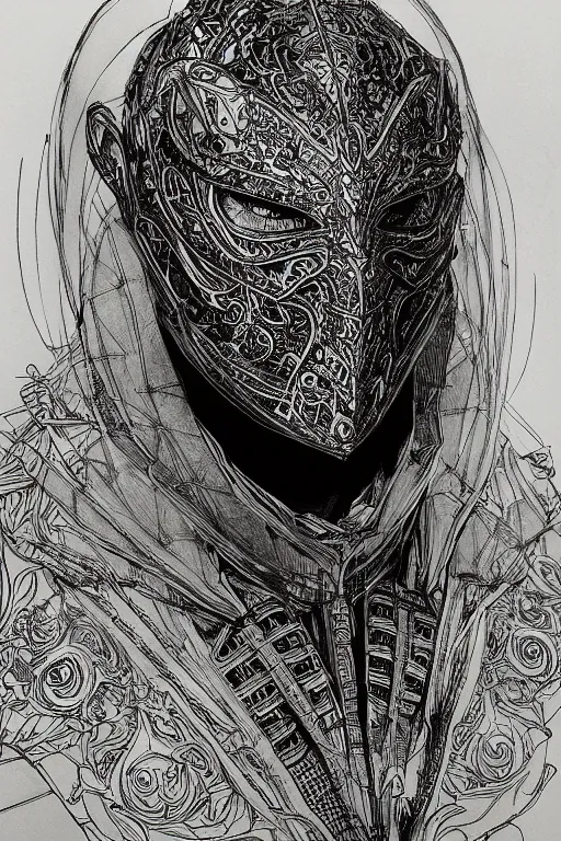 Image similar to portrait of a person wearing a really cool mask, colorpen and ink, neon, intricate line drawings, by craig mullins, ruan jia, kentaro miura, greg rutkowski