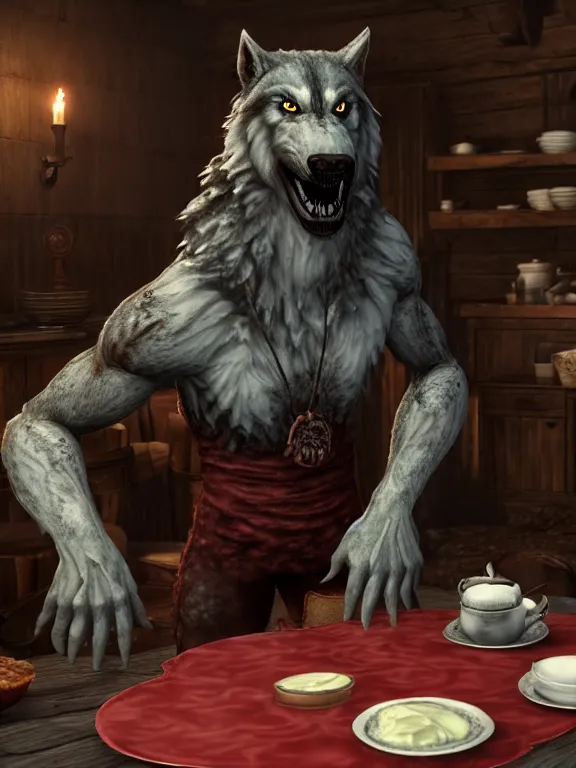 Image similar to cute handsome cuddly burly surly relaxed calm timid werewolf from van helsing sitting down at the breakfast table in the kitchen of a normal country home cooking having fun baking strawberry tart cakes unreal engine hyperreallistic render 8k character concept art masterpiece screenshot from the video game the Elder Scrolls V: Skyrim