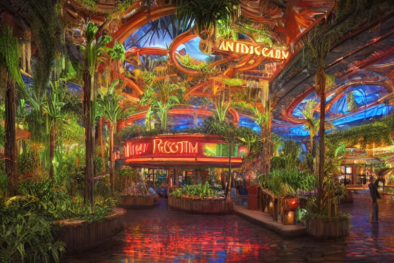 Image similar to photorealistic painting of a Rainforest Cafe by William Holman Hunt and Francesco Hayez, BladeRunner, dark, rainy, neon sign, octane render, 8k, award-winning, highly detailed, trending on arstation